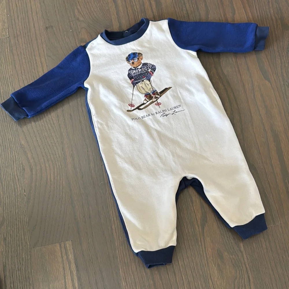 Ralph Lauren Polo Bear Fleece Coverall 6M Blue & White